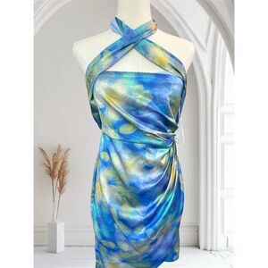 Belle by Badgley Mischka Lexi Halter Mini Dress Blue, Size 2. 1303